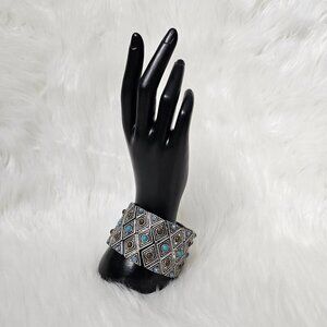 Premier Designer Vintage Silver Tone Chunky Boho Stretch Wide Statement Bracelet